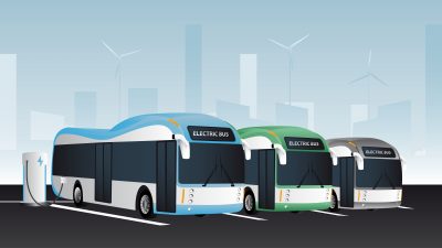 Illustration of electric buses lined up and charging