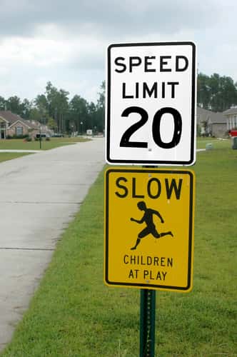 Speed limit 20mph and slow children playing signs in neighborhood