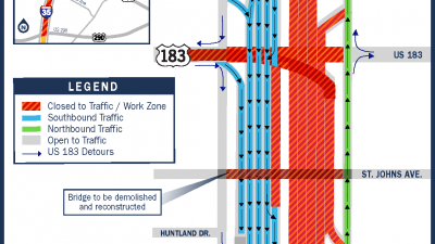 Map showing Interstate 35 traffic detour