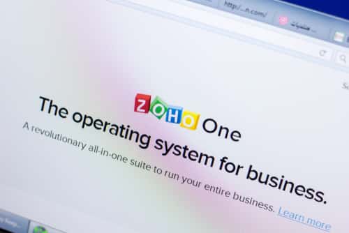 Website page that reads "Zoho One, The operating system for business"