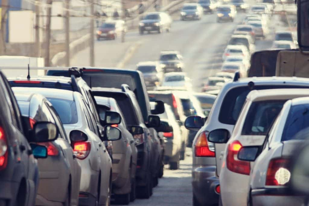 Line of cars backed up on the road