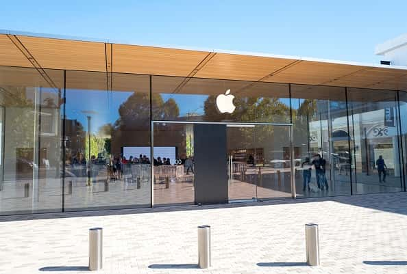 Facade of newly constructed Apple Computers store with logo visible