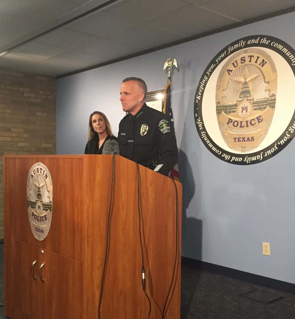 Austin police chief Brian Manley speaking at a news conference at police headquarters.