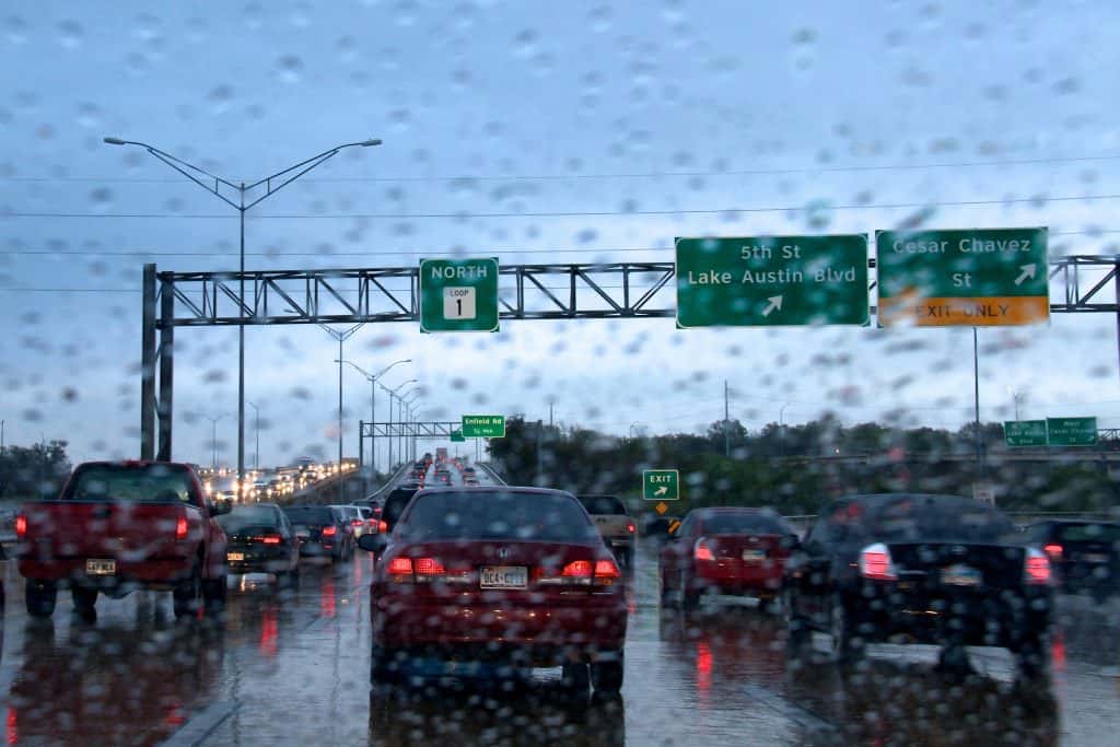 Heavy Austin traffic on a rainy day