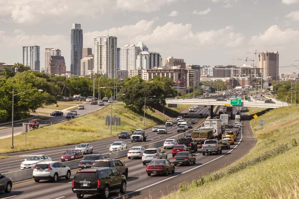 The downtown Austin skyline as seen from IH 35
