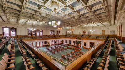 Wide-angle shot inside the Texas Senate chambers