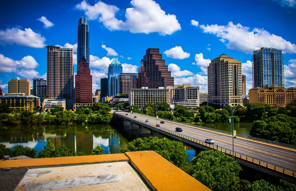 The downtown Austin skyline as seen from South Congress looking north.