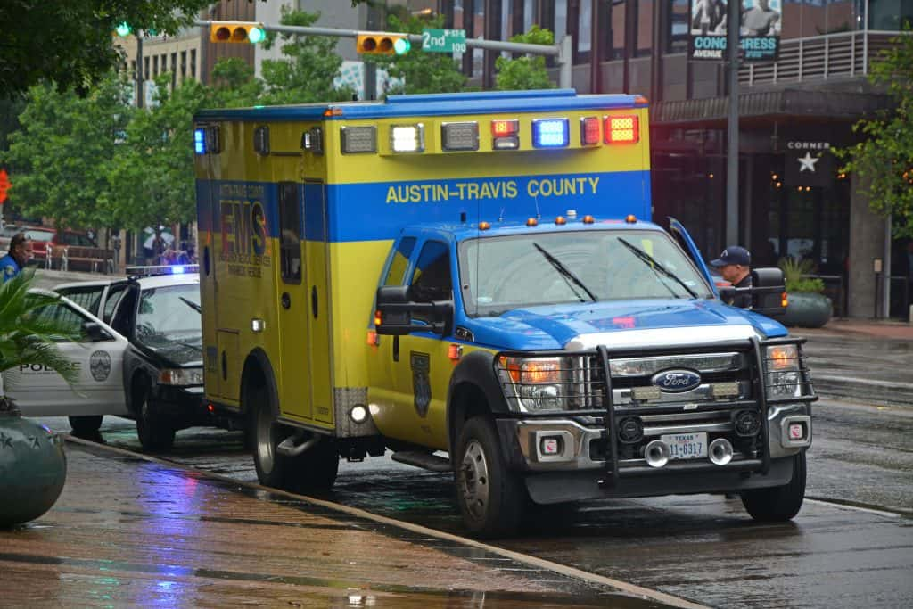 An Austin Travis County EMS truck on the side of the road