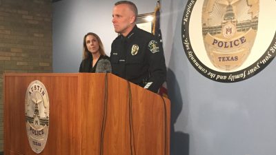 Austin police chief Brian Manley speaking at a news conference at police headquarters.