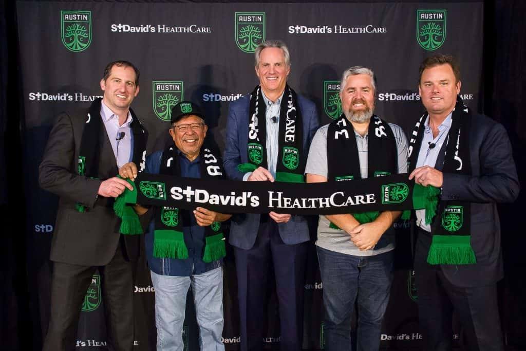 Austin FC officials with Austin City Council members and St Davids officals