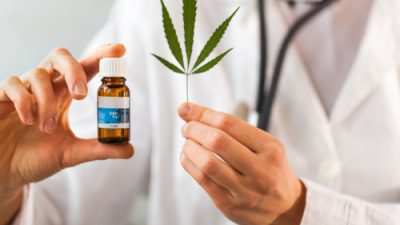 Doctor holding up cannabis oil and hemp leaf