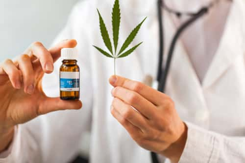 Doctor holding up cannabis oil and hemp leaf