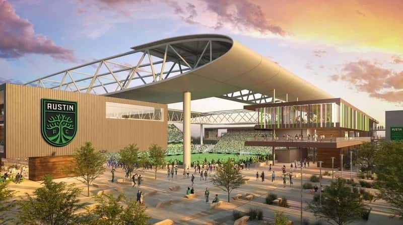 digital rendering of Austin Football Club proposed stadium with new logo
