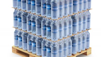 water bottles stack on wooden pallet