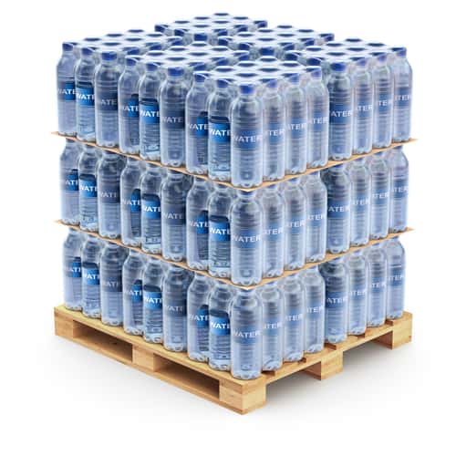 water bottles stack on wooden pallet