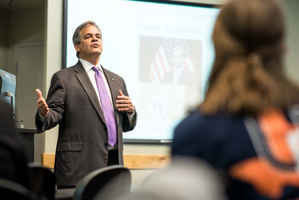 Mayor Steve Adler talking to a classroom