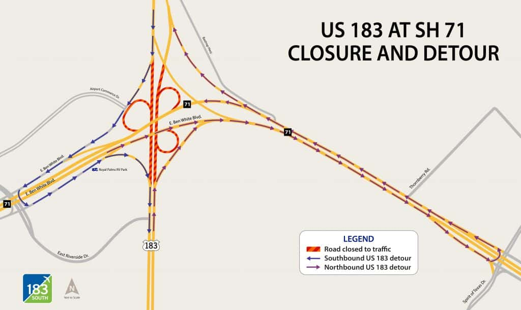 map of detours for US 183 and SH 71 closure 9-27/28-19