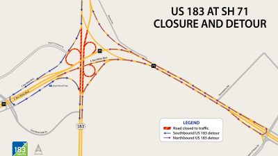map of detours for US 183 and SH 71 closure 9-27/28-19