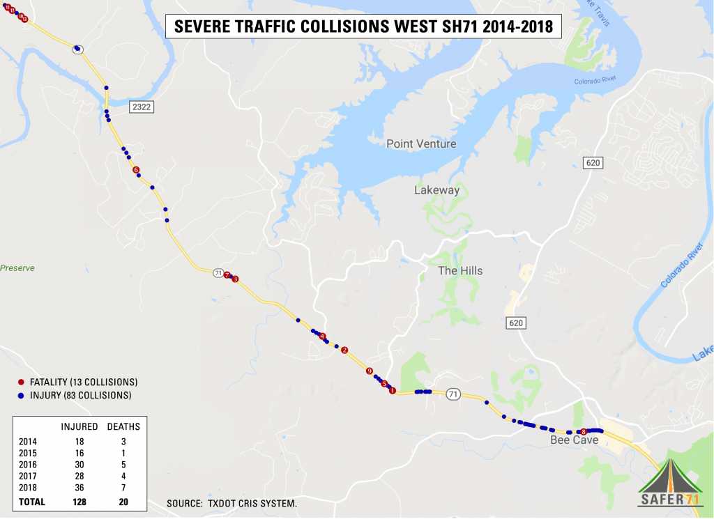 Safer 71's map of collisions on Highway 71 between Bee Caves Road and RR 620