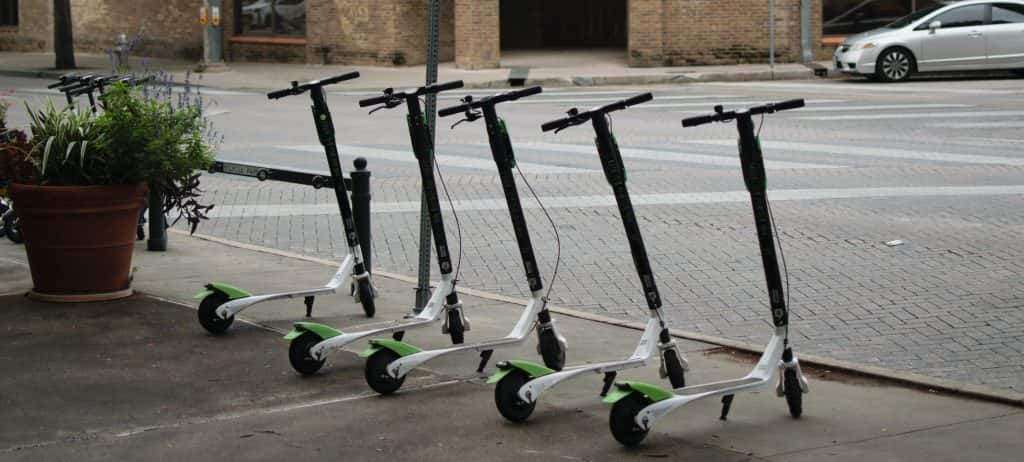 Dockless electric scooters on the sidewalk