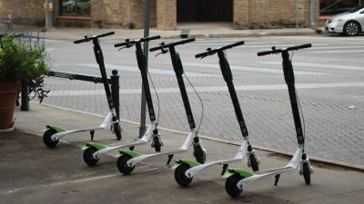 Dockless electric scooters on the sidewalk