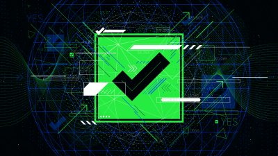 Tech futuristic green check mark symbols OK, indicator sci-fi vector backgrounds - Vector