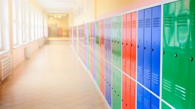 Colorful school lockers in a hallway
