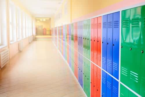 Colorful school lockers in a hallway