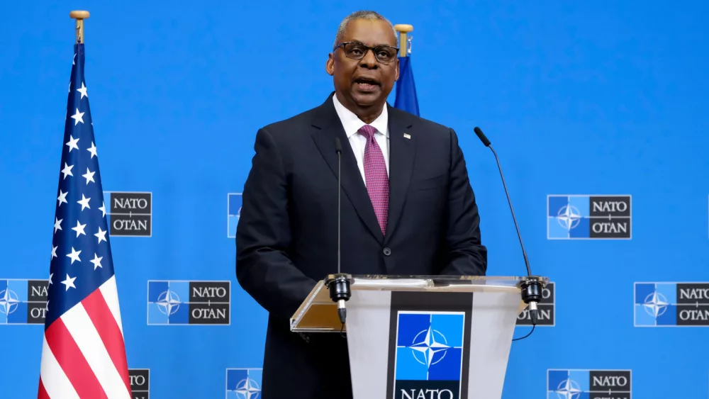 US Defense Secretary Lloyd Austin at conference of NATO Defence ministers at the NATO headquarters in Brussels on February 15^ 2023.