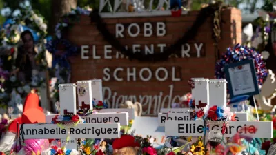 Memorial at Robb elementary school dedicated to the victims of the May shooting in Uvalde^ Texas. Uvalde^ TexasUnited States - June 5^ 2022.