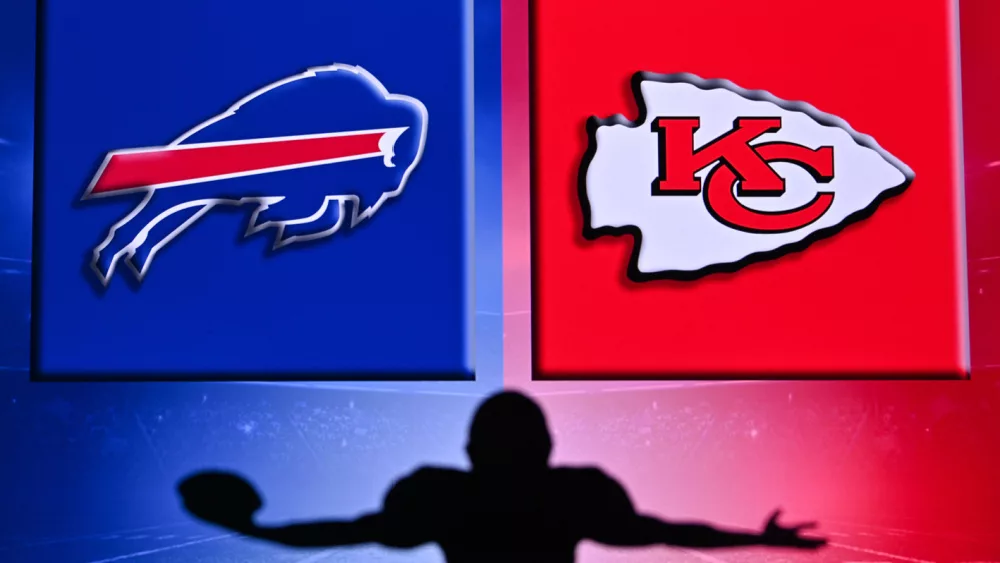 Buffalo Bills vs Kansas City Chiefs. . Silhouette of professional american football player. Logo of NFL club in background