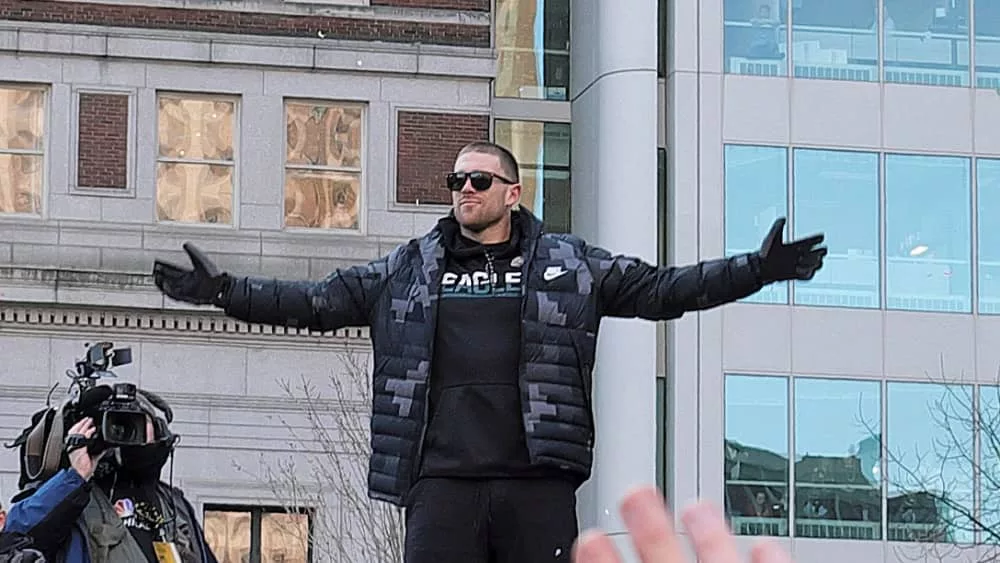 Eagles tight end Zach Ertz is cheered by fans during the Super Bowl parade Feb. 8^ 2018^ in front of thousands of fans in downtown Philadelphia.