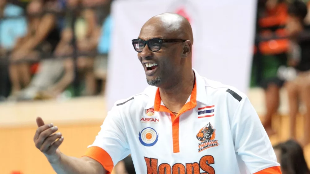 Joe Bryant head coach of Sports REV Thailand Slammers in action during ASEAN Basketball League "ABL" at Nimitbut Stadium on April 24^ 2013 in Bangkok^ Thailand.