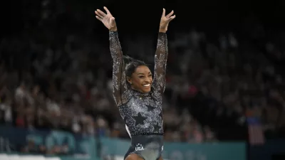 Paris-France^ July 28^ 2024^ Paris 2024 Olympic Games^ US Olympic gymnast Simone Biles performs with the US gymnastics team at the Paris Olympics