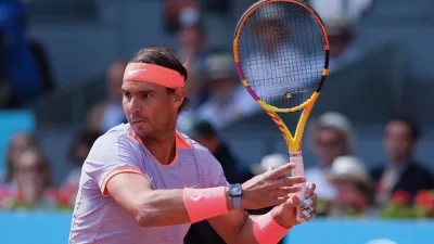 Rafael Nadal of Spain against Cachin a in their round of 32 match during Day Seven of the Mutua Madrid Open at La Caja Magica on April 29^ 2024 in Madrid^ Spain