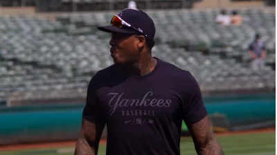 Aroldis Chapman of the New York Yankees before game against the Oakland Athletics at RingCentral Coliseum. Oakland^ California - August 28^ 2021