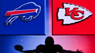 NFL CONFERENCE CHAMPIONSHIP Buffalo Bills vs Kansas City Chiefs. . Silhouette of professional american football player. Logo of NFL club in background