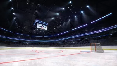 empty ice hockey arena inside playground view illuminated by spotlights^ hockey and skating stadium indoor 3D render illustration background^ my own design
