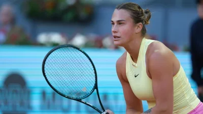 Aryna Sabalenka in the Women's Singles Round of 32 match during Day Six of the Mutua Madrid Open at La Caja Magica on April 28^ 2024 in Madrid^ Spain.