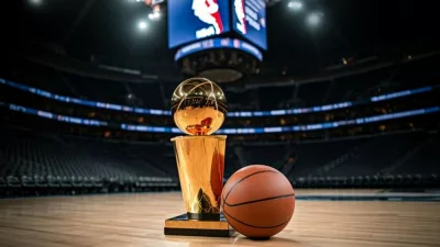 Indoor photo of photography of a basketball and next to it the larry o’brien nba championship trophy lying on a basketball court in an nba arena
