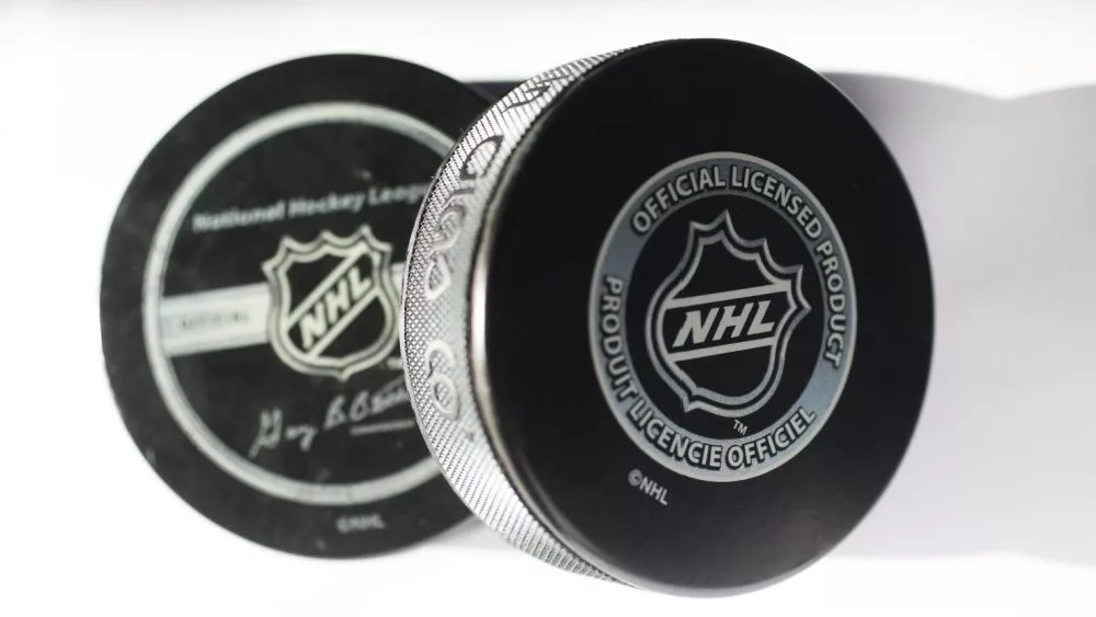Official game puck from NHL^ National hockey league^ USA. MOTALA^ SWEDEN- 8 FEBRUARY 2022
