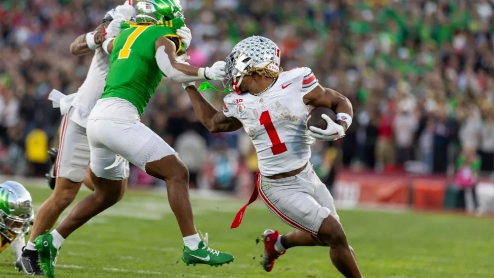 Ohio State running back Quinshon Judkins #1 escapes a tackle-attempt during the 2025 Rose Bowl game on Jan. 1^ 2024^ in Pasadena^ Calif.