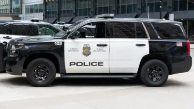 Minneapolis Police car in downtown Minneapolis^ Minnesota^ MN USA^ May 5^ 2023.
