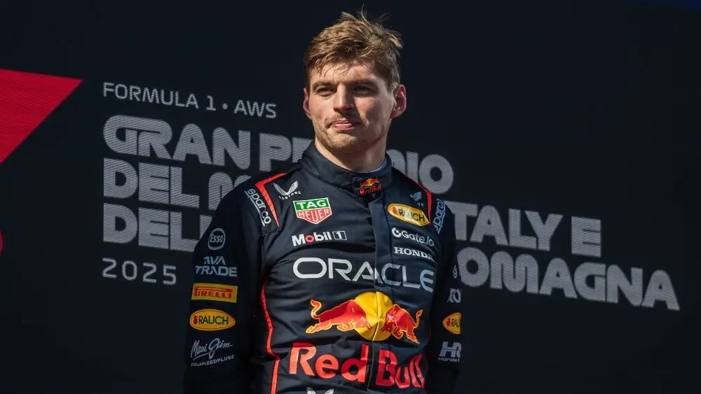 Max Verstappen of the Netherlands and Oracle Red Bull Racing on the podium during Formula One Emilia Romagna Grand Prix Autodromo Enzo e Dino Ferrari^ Imola^ Italy. 18.May.2025
