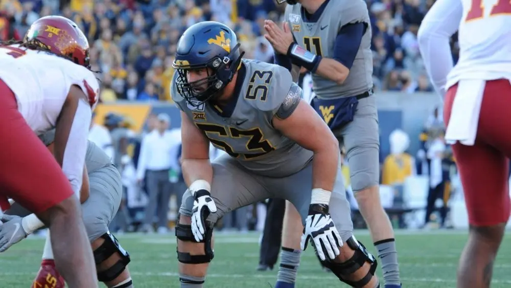 Colton McKivitz #53 during the West Virginia Mountaineers vs Iowa State Cyclones at Mountaineer Field at Milan Puskar Stadium Field in Morgantown^ WV. JOctober 12th^ 2019