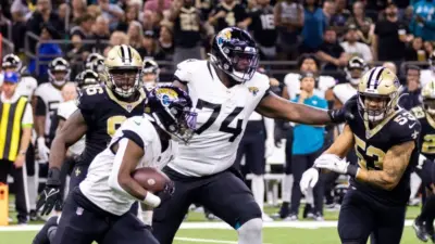 #74 CAM ROBINSON JACKSONVILLE JAGUARS VS NEW ORLEANS SAINTS WEEK 7 OCTOBER 19^ 2023 CAESARS SUPERDOME NEW ORLEANS LOUISIANA