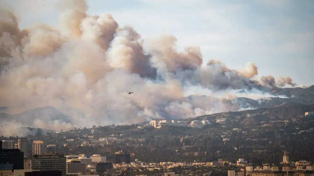 Wildfire in Pacific Palisades^ Los Angeles^ January 8^ 2025^ towards Getty Center and Brentwood. Images showcase dense smoke clouds^ burning hillsides^ and urban areas at risk. 2pm - 3pm.