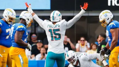 Miami Dolphins linebacker Jaelan Phillips (15) celebrates after an interception against the Los Angeles Chargers during an NFL football game^ Sept. 10^ 2023^ in Inglewood^ Calif.