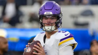 Minnesota Vikings quarterback J.J. McCarthy #9 warms up prior to an NFL football game against the Los Angeles Chargers Oct. 23^ 2025^ in Inglewood^ Calif.