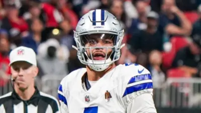 Dallas Cowboys quarterback Dak Prescott (4) looks to throw the ball against the Atlanta Falcons on November 3^ 2024 at Mercedes-Benz Stadium. ATLANTA^ GA-NOV 3